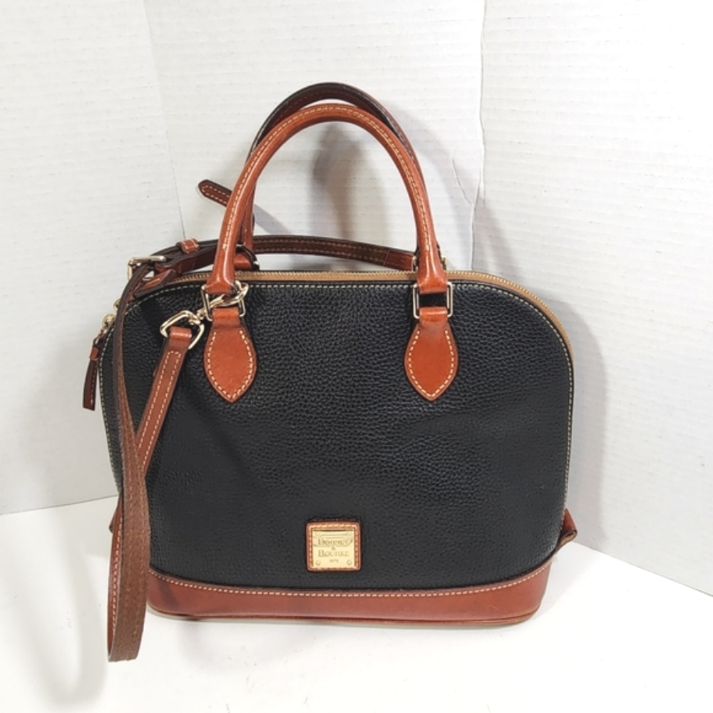Dooney & bourke black leather tan trim dome satchel crossbody j13419841